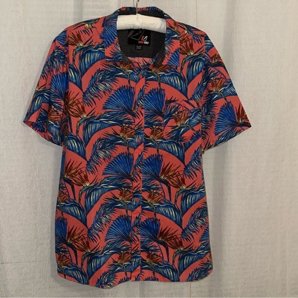 Amplify XXL Coral Blue Tropical Palm Leaves Short Sleeve Casual Hawaiian Shirt
